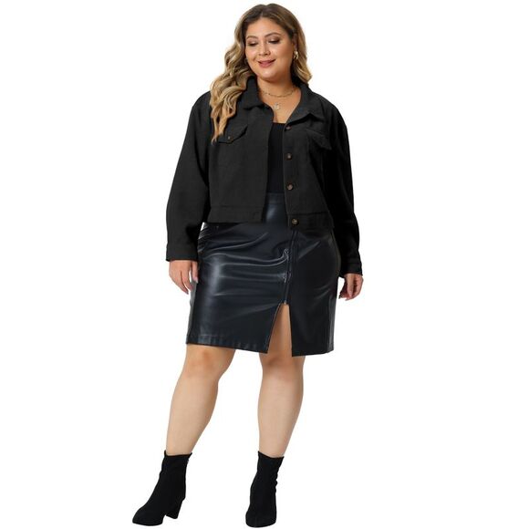 Plus Size Lightweight Cropped Shacket Button Down Corduroy Shacket Jackets Black - Picture 3 of 5